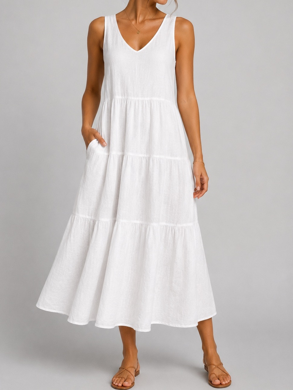 CP Shades White 100% Linen maxi Dress Sleeveless Maxi Tiered V-Neck Size Small